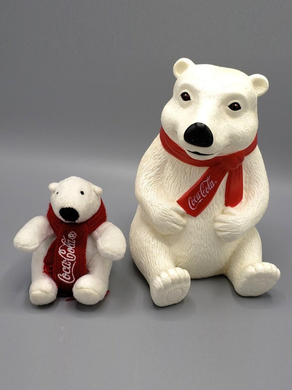 Lot 2 Coca Cola Polar Bear Plastic Coin Bank AND Mini Plush Coke Holiday Scarf